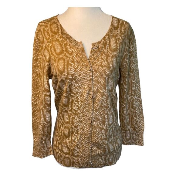 C Wonder Snakeskin Print Cardigan Sweater Tan Brown Knit Long Sleeve Crewneck - Picture 1 of 5